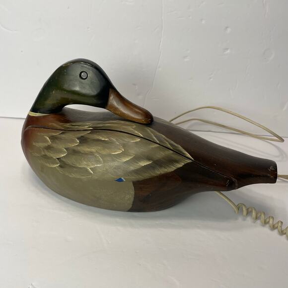 Vintage Wooden Mallard Duck Decoy Telephone Phone Hand Painted Untested - Picture 1 of 13